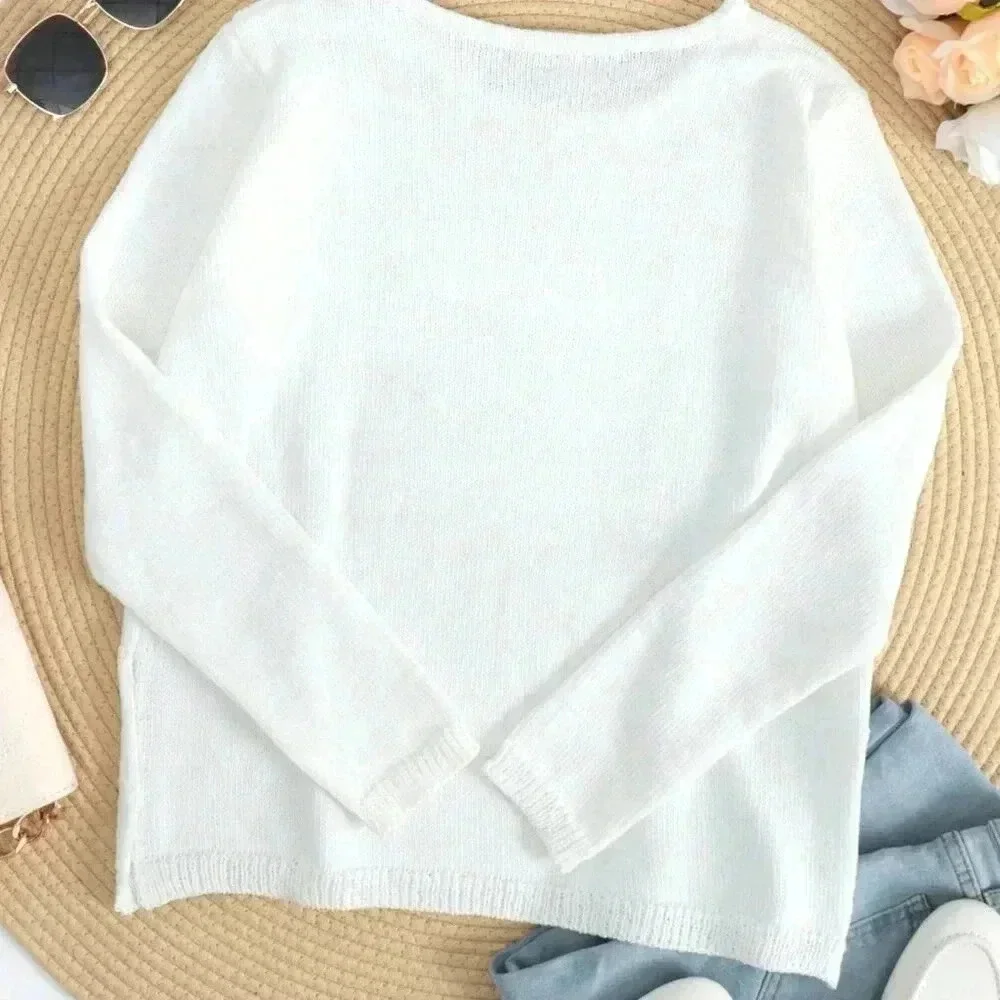 White Casual Women's Loose Letter Print Long Sleeve Knitted Pullover - Picture 2 of 3